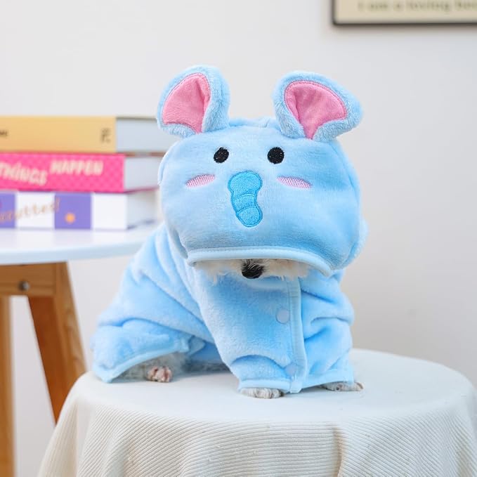 Dog Bathrobe with Hood Super Absorbent Soft Quick Drying Towel Wrap Adjustable Puppy Cat Bath Robe Towel for Cold Weather Beach Pool (Blue Elephant, Small)