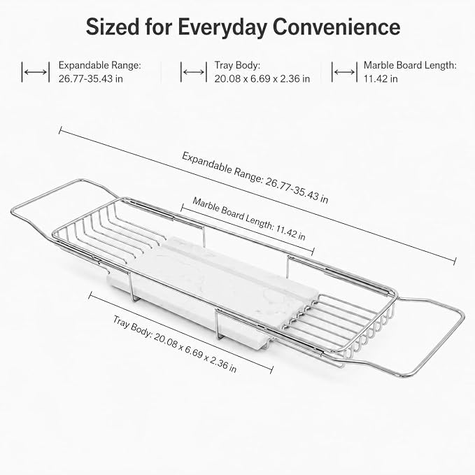 Expandable Bathtub Tray, Stainless Steel Bath Table Tray with Marble Board, Modern Luxury Bathtub Shelf for Bathrooms, Kitchen Sink (Silver+White)