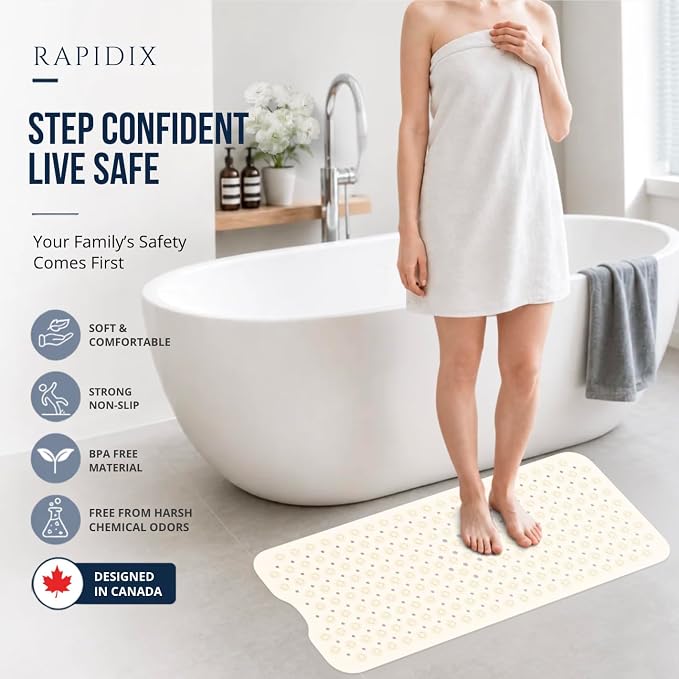 Non-Slip Bathtub Mat – 39"x15.5" Extra Long Shower Mat with Powerful Suction Cups & Drain Holes, Machine Washable Bath Mat for Tub, Foot Massage Texture, Helps Keep Tubs Clean, Cream