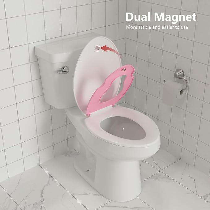 Enlongated Toilet Seat with Built-in Toddler Seat for Easy Potty Training, Baby Toilet lid 2 in 1, Easy Install and Clean, PP Material Safe and No Loosen, Perfect for Both Adults and Children, Pink