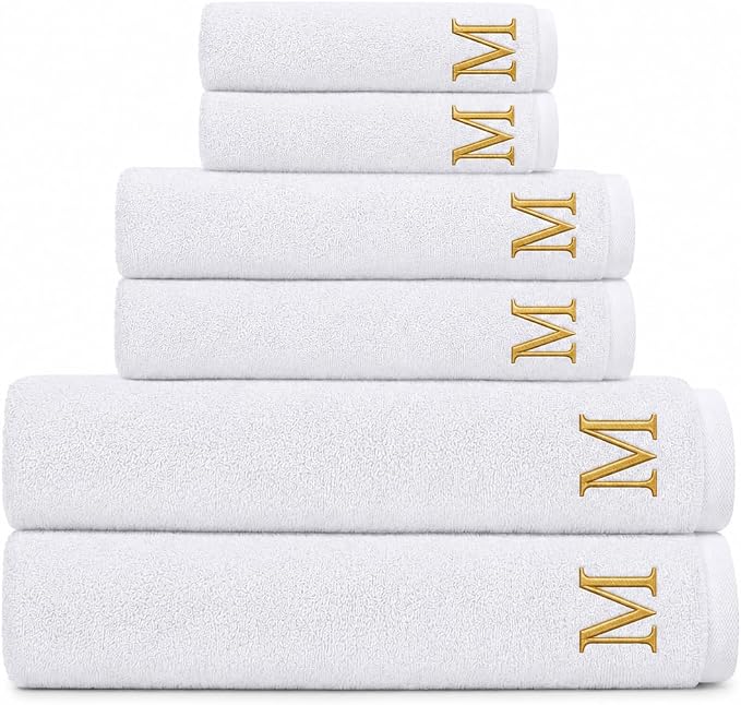 Set of 6 - Personalized Towels - Customized Turkish Bath Towel - Monogrammed Towels with Name Embroidery - Custom Towel Set - Housewarming Gifts (White, 6 Pieces - Towel Set)