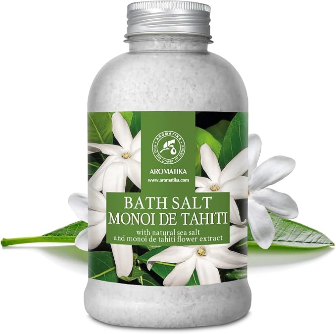 AROMATIKA Bath Salt Monoi de Tahiti 21.16 Oz (600g) - Coconut and Gardenia Flowers Scent - Relaxing Bath - Good Sleep - Aromatherapy - Sea Salt Bath