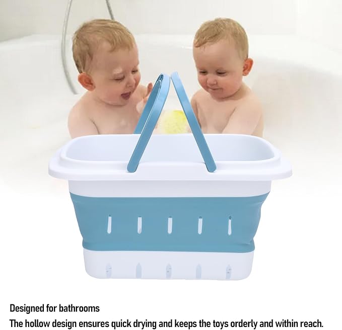 Brrnoo Folding Storage Basket, Bathtub Toy Storage Basket, Quick Drain Toy Organizer for Bathroom Kids Toys, Travel with Family Car Trunk Fruits Vegetables (Blue)