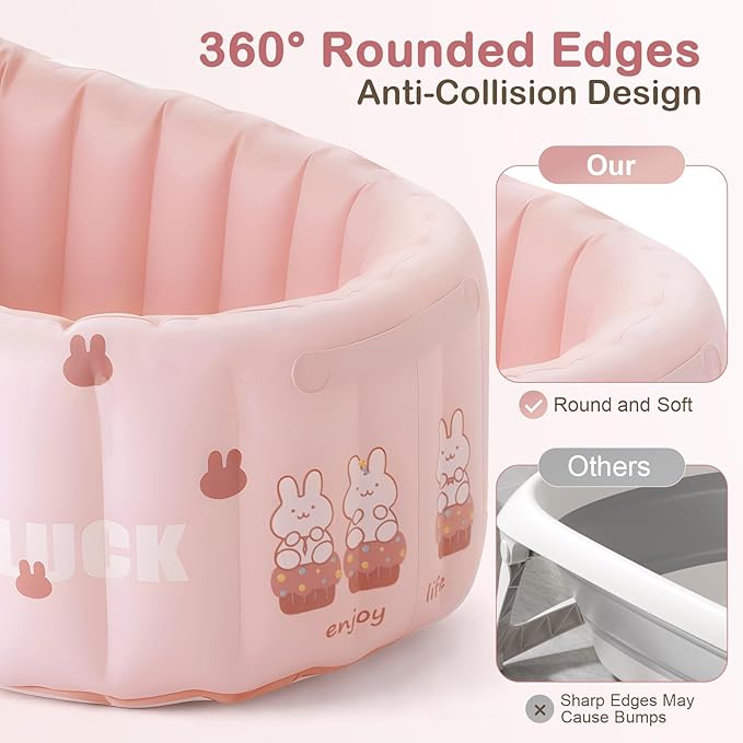 Inflatable Baby Bathtub with Seat Cushion & Air Pump, Newborn to Toddler Bath Tub, Foldable Portable Toddler Tub for Shower Sink, Non-Slip Texture, Quick-Drain, Travel-Ready, Pink