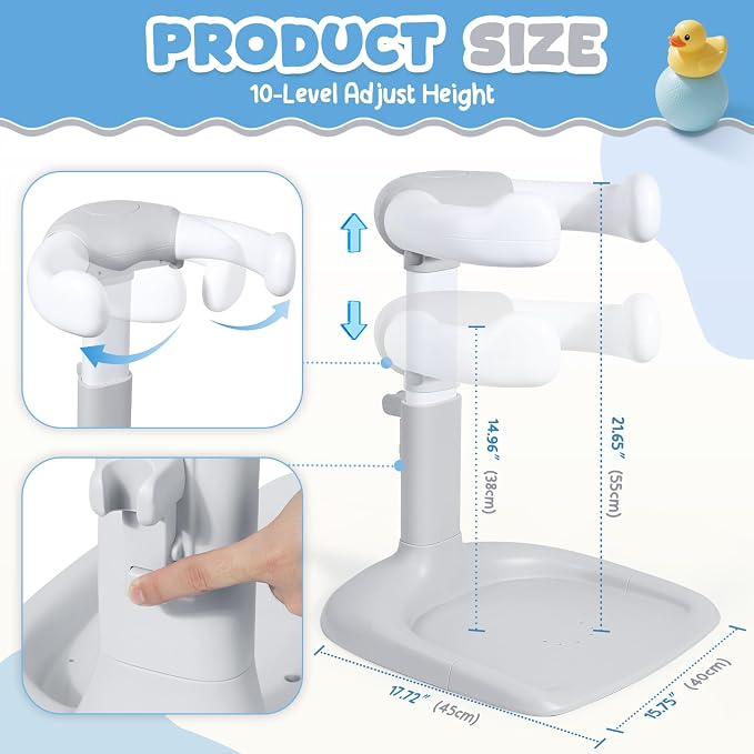 Orzbow Baby Bath Stand, Adjustable Height Baby Shower Stand, Toddler Shower Standing Support with Non-Slip Base for Infant 6-36 Months, Easy-Use, Ideal Gift, Gray