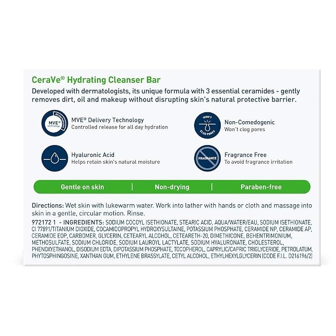 CeraVe Hydrating Cleanser Bar - Soap-Free Body and Facial Cleanser with 5% Moisturizing Cream - 4.5 Ounce Bar,(Pack of 2)
