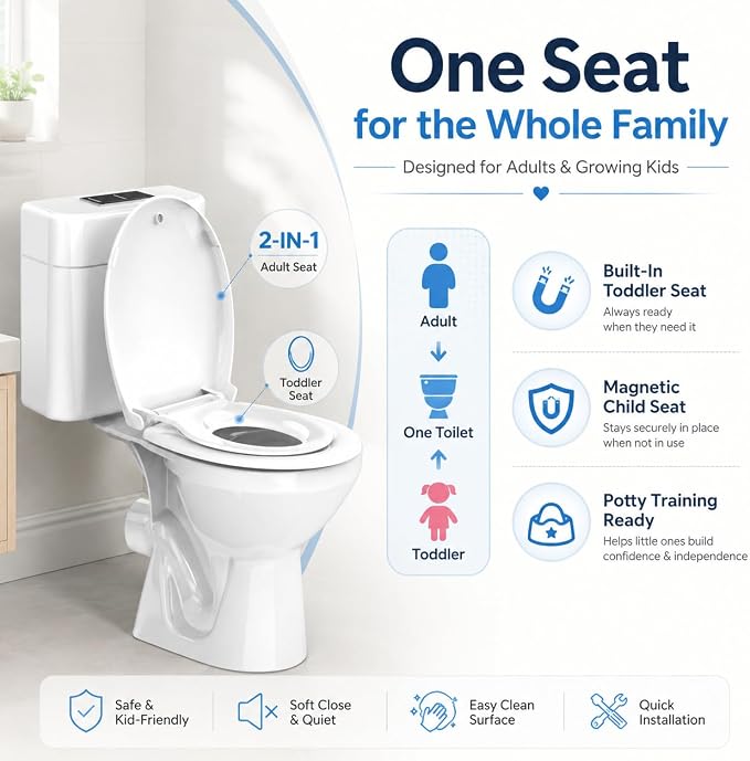 Round Toilet Seat with Built-In Toddler Seat, 2-in-1 Potty Training Toilet Seat for Adults & Kids, Soft Close, Magnetic Child Seat, Quick Release & Easy Clean, Fits Standard Round Toilets, White