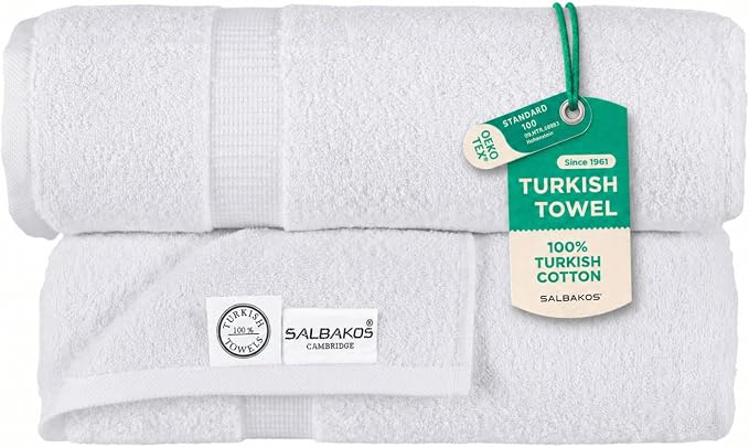 SALBAKOS 2-Piece 100% Turkish Cotton Extra Large Bath Towel 35x70 inch | Premium Hotel Quality Bath Sheet Towels | Thick, Soft, Absorbent, Oversized Bath & Beach Towels (White, 2 Bath Sheets)