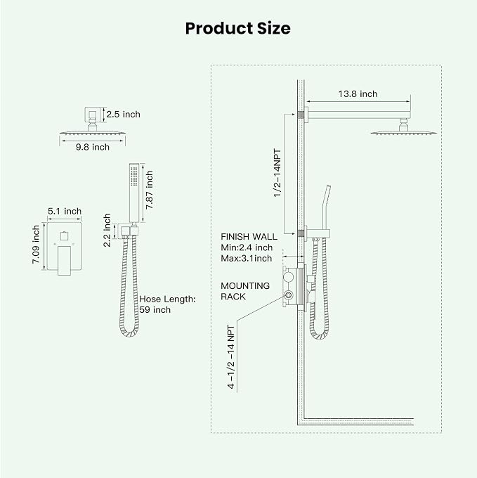 gotonovo Rainfall Bathroom Shower System Rain Shower Head and Handle Set Wall Mounted Shower Complete Combo Solid Brass Pressure Balancing Shower Mixer Valve 10 Inch Brushed Nickel
