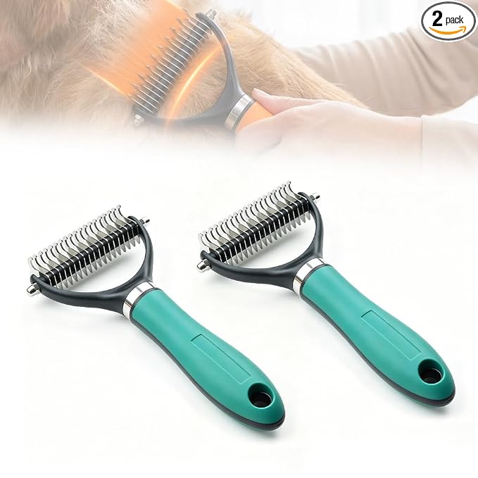 Double-Sided Pet Grooming Brush, 2026 New Undercoat Rake for Long Haired Pets, Durable Dematting Tool for long haired cats, Easy Grip Fur Remover Comb for home use (2, Green)