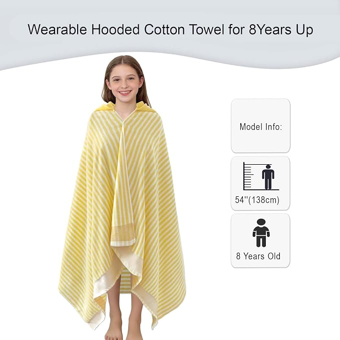 VOOVA & MOVAS Yellow Striped Hooded Beach Towel for Teens & Big Kids (8Years Up), Soft Absorbent 100% Cotton Thick Towel Wrap for Girls, Beach Pool Swim Bath Cover-Up