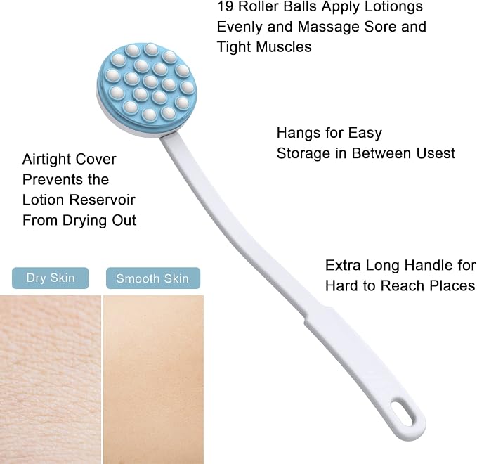 Back Lotion Applicator and Massager by Body Long Handheld self-Handhled Easy Reach for Sunscreen, Cream, Shower Gel on Back, Legs and Feet, Long Shower Bath Brush, Easily Roll-a Dispenser