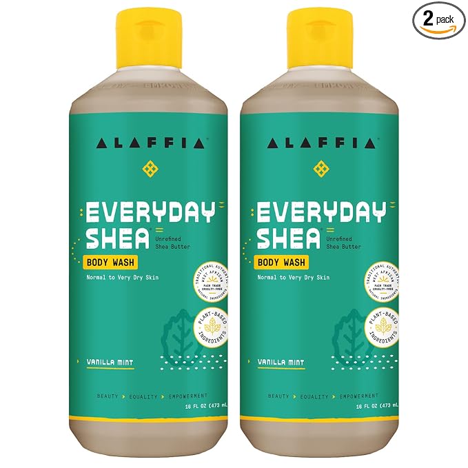 Alaffia Body Wash, Everyday Shea, Vanilla Mint 2-Pack – Gentle Skin Cleanser, Shower Gel for Normal to Very Dry Skin, 16 Oz Ea