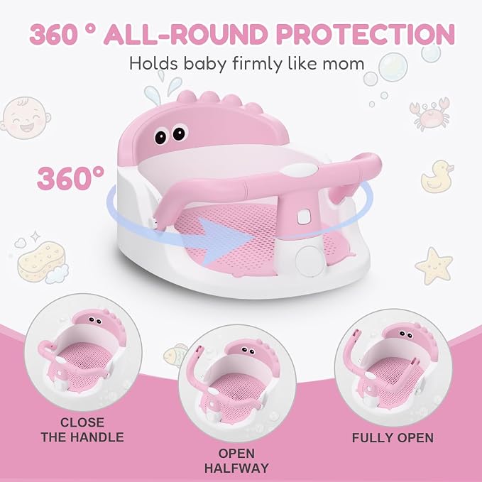 Baby Bath Seat for Babies 6 Months & Up Sitting Up | 360° Stable Toddler Bath Chair with One-Touch Button | Baby Bath Tub Seat with Suction Cups | Open Design, Compact, Detachable, Non-Slip (Pink)