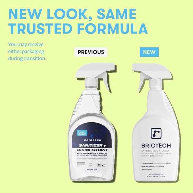 BRIOTECH Sanitizer Disinfectant Hypochlorous Spray, Kill 99.99% of Viruses & Bacteria, Control Mold, Eliminate Odor, Gentle for Nursery & Play Rooms, Food Contact Surface Sanitizer, 4 fl oz (2 Pack)