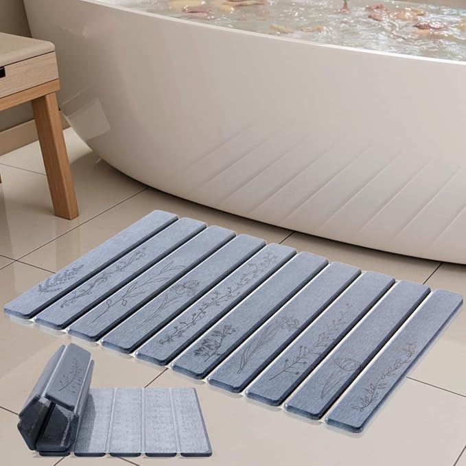 Foldable Stone Bath Mat - 24x16, Super Absorbent Diatomaceous Earth Large Bath Mats for Bathroom, Quick Dry Non-Slip Stone Drying Mats for Kitchen Counter & Bathtub (Dark Gray Floral Decor)