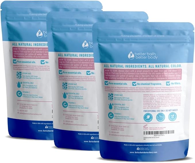Postpartum Bath Salt (3 Pack) Postpartum Bath Soaks USP Grade Epsom Salt with Pure Essential Oils in BPA Free Pouch with Press Lock Seal Made in USA Three 2 Lbs Pouches 6 Lbs Total