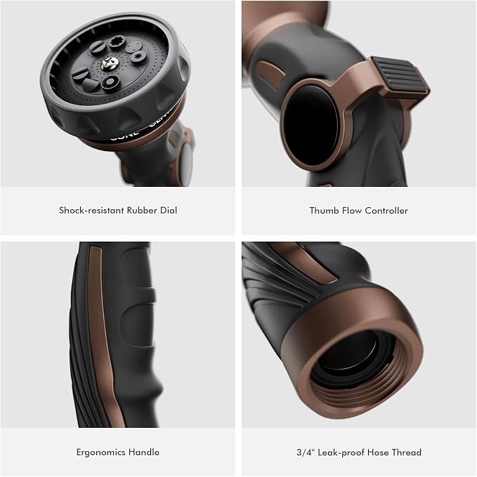 RESTMO Hose Nozzle Heavy Duty, Metal Water Hose Sprayer for Garden | 9 Spray Patterns, High Pressure, Thumb Flow Control, On/Off Valve, Ideal for Outdoor Lawn & Plant, Car & Pet, Brown