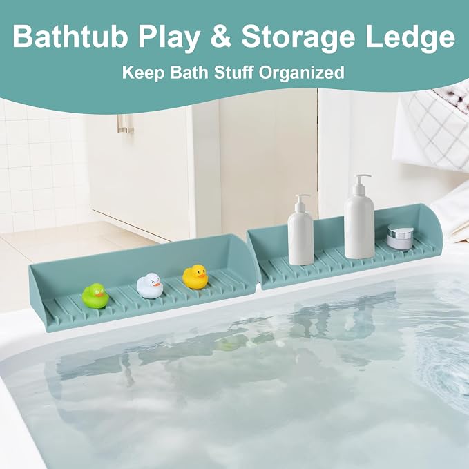 Tub Splash Guard for Kids, Water Splash Guard for Bathtub Edge, Bath Toy Storage and Play Shelf, Bathroom Silicone Splash-Resistant with 4 Suction Cups, Easy to Install, Aqua Blue, 1 Pack