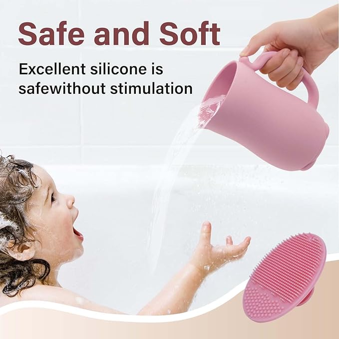 mandoo Baby Bath Rinse Cup - Food Grade Silicone - Shampoo & Body Washing Rinser Cup for Kids with Easy Grip Handle to Rinse Baby Shampoo and Soap - Baby Essentials (Beige+Brush)