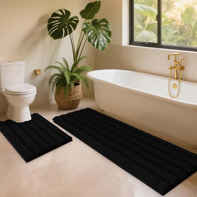 ACCUMTEK Striped Black Toilet Bathroom Rug Mat Set 2 piece Rug Ultra Soft, Non Slip Chenille Bath Rugs, Absorbent Plush Shaggy Bath Mats for Bathroom, Bedroom, Kitchen, Shower, Tub