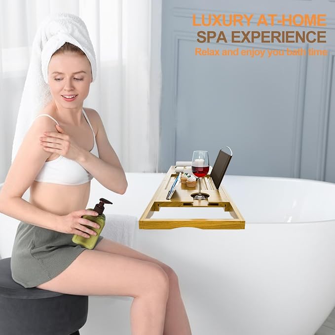 Bath Accessories - Cup Holders - Bathtub Tray Caddy - Bath Tray Expandable - Bath Tub Table Tray Caddy - Bamboo Bath Tray for Tub