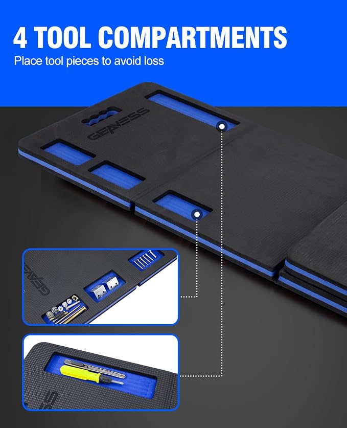 Foldable Kneeling Pad, 47.2" Large Supportive Mechanic Mat with Storage Strap & Tool Tray, Extra Thick Comfortable Foam Knee Pad for Gardening, Garage, Workshop Repairing