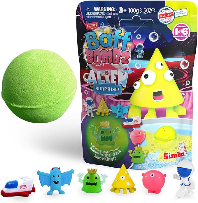 Zimpli Kids Large Alien Surprise Bath Bomb, 1 of 6 Surprise Alien Toys to Collect, One per Baff Bomb, Party Bag Favours, Fillers, Rewards, Stocking Filler Toy for Boys Girls 4 5 6 7 8 9