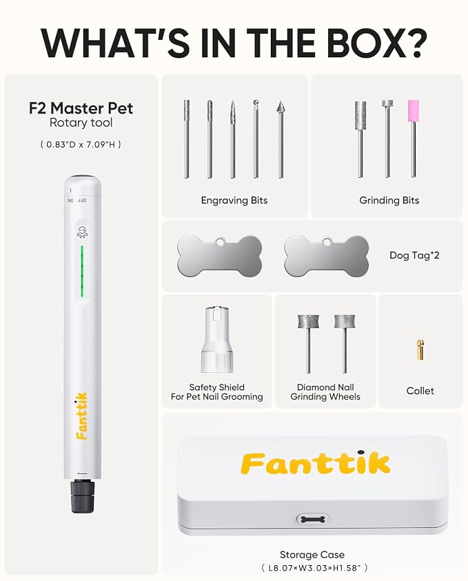 Fanttik F2 Master Pet Quiet Dog Nail Grinder, Safe Electric Rechargeable Pet Nail Trimmer with LED Light, 5-Speed Variable Paws Grooming Tool Kit, DIY Name Tags for Small Medium Dogs & Cats, White