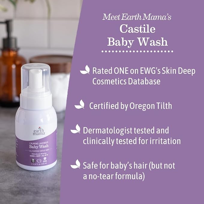 Earth Mama Calming Lavender Baby Wash Liquid Foaming Hand Soap, All-Purpose Lavender Body Wash for Sensitive Skin, Castile Soap with Coconut Oil, Shea Butter, Calendula, & Aloe, 6.27 Fl Oz