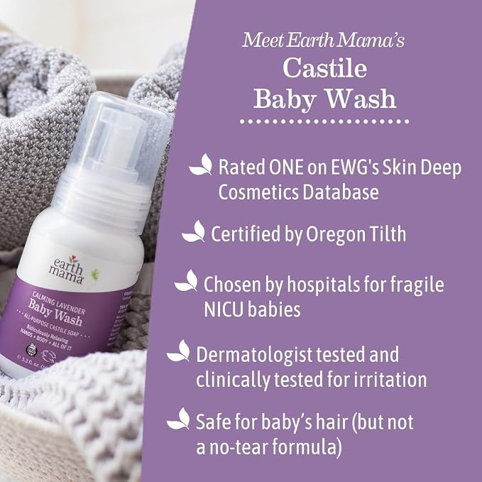 Earth Mama Calming Lavender Baby Wash Liquid Foaming Hand Soap, All-Purpose Lavender Body Wash for Sensitive Skin, Castile Soap with Coconut Oil, Shea Butter, Calendula, & Aloe, 5.3 Fl Oz (Pack of 2)