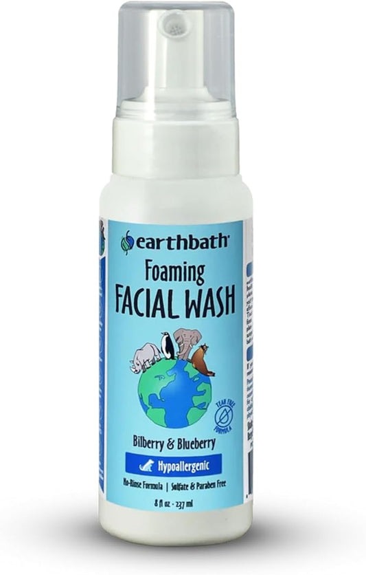 earthbath, Foaming Facial Wash - Dog Face Wash, Hypoallergenic, Tear Free Formula, Sulfate & Paraben Free, Cruelty-Free, Vegan, Gluten-Free, Bilberry & Blueberry Facial for Dogs & Cats - 8 Oz