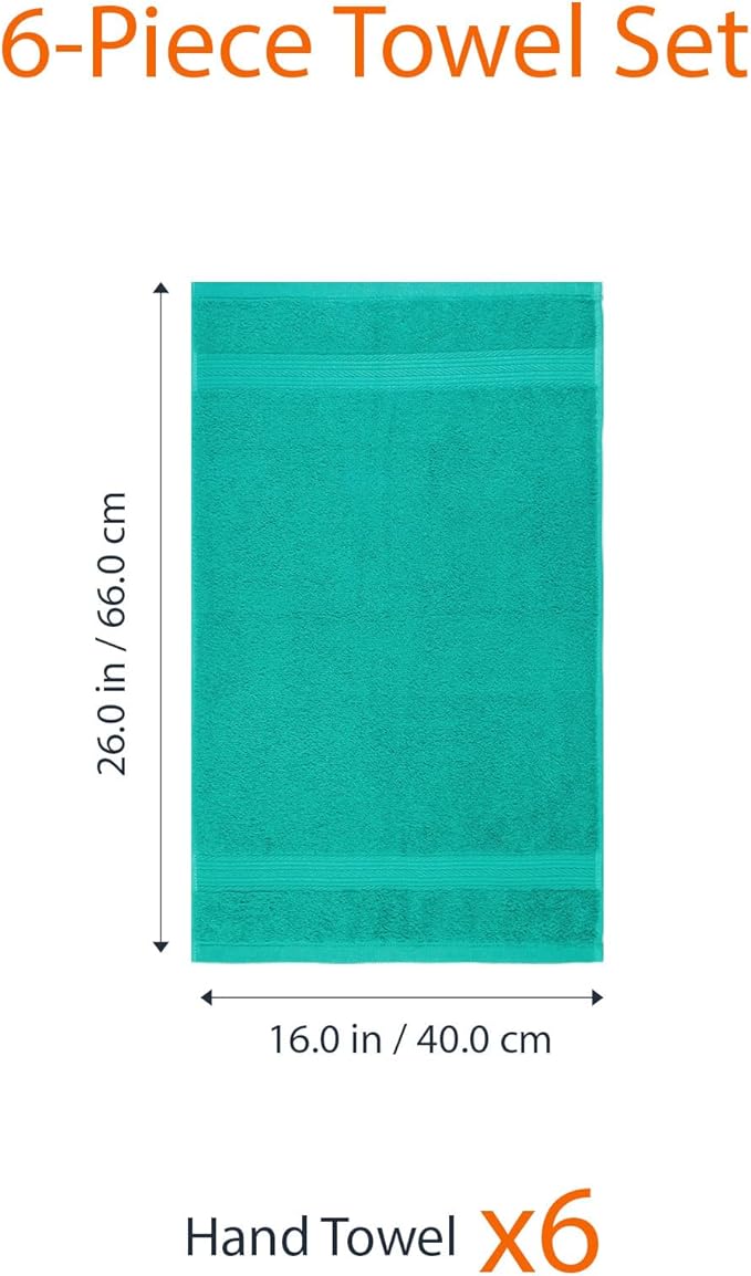 Amazon Basics Fade-Resistant 100% Cotton Hand Towels for Bathroom, Soft Absorbent, 26 x 16 inches, Teal, 6-Pack