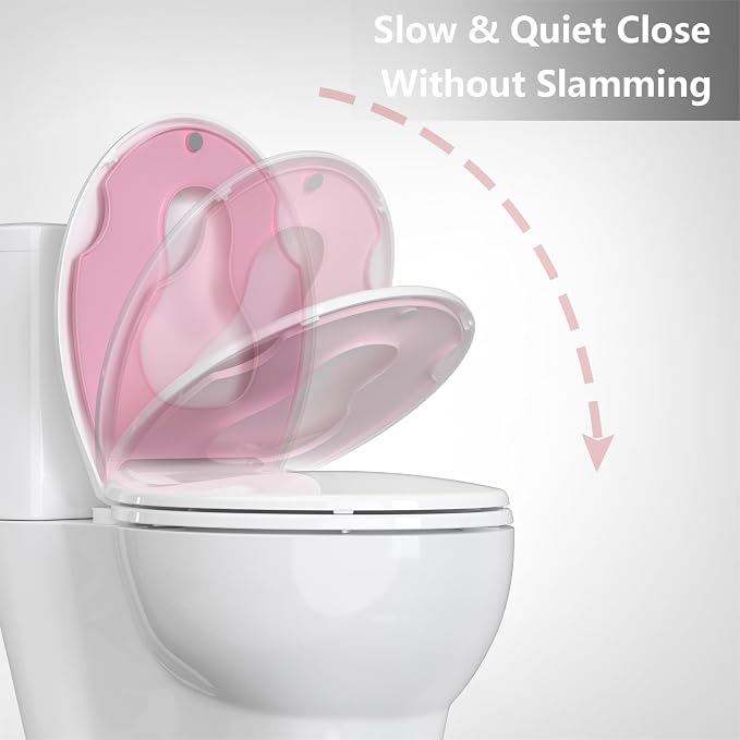 Toilet Seat with Potty Training Seat Built-In, Round Fit, Soft Close Lid, Slow Close Noiseless Design, American Standard Compatible,White and Pink