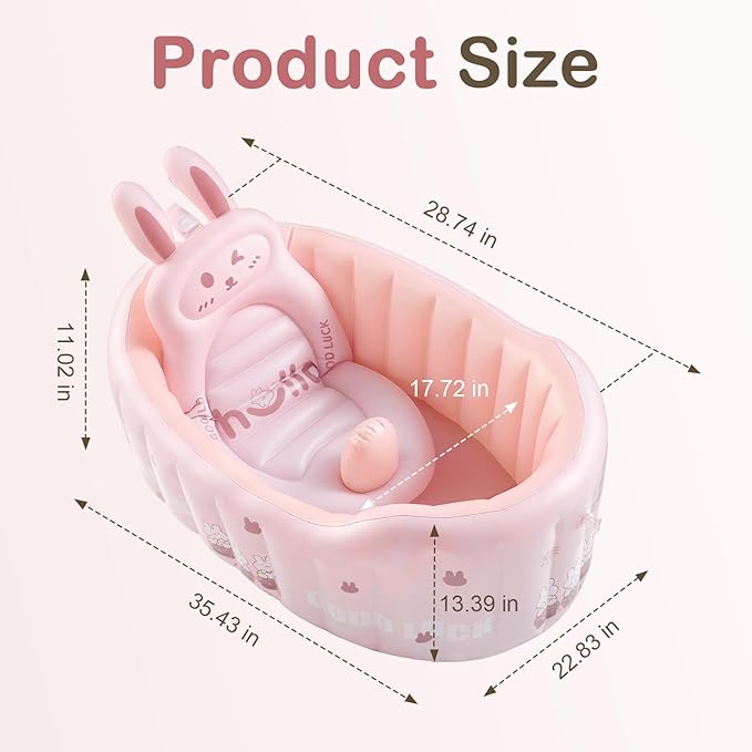 Inflatable Baby Bathtub with Seat Cushion & Air Pump, Newborn to Toddler Bath Tub, Foldable Portable Toddler Tub for Shower Sink, Non-Slip Texture, Quick-Drain, Travel-Ready, Pink