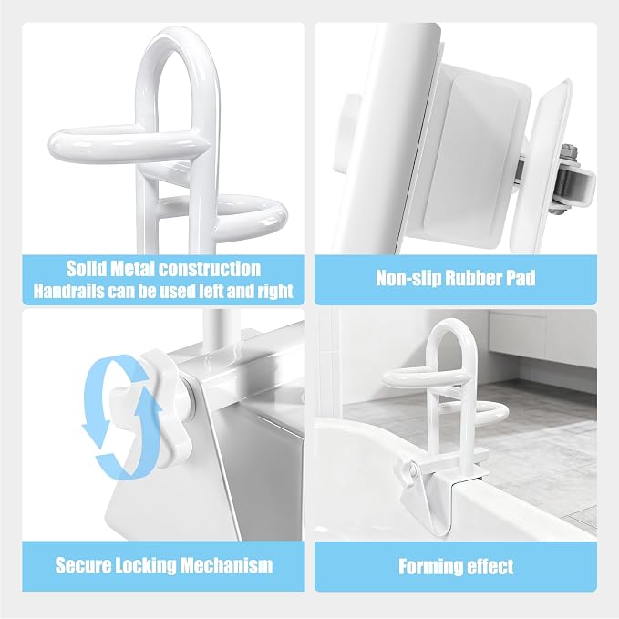 Adjustable Bathtub Safety Rail & Shower Grab Bar for Elderly | No-Drill Shower Handle Grab Bar, Secure Locking Tub Clamp Fits 3 to 7 Inch Tub Walls, Supports 330 lbs