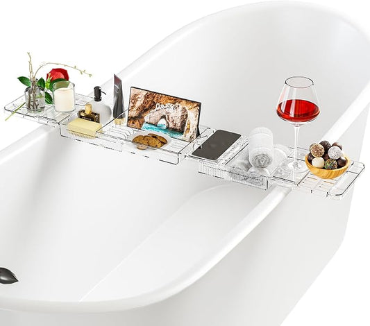 Expandable Acrylic Bathtub Tray for Tub, Bath Caddy Tray Table for Bathtub, Adjustable from 31.5 to 41 inch, Bathtub Rack fits Most Bathtubs and Bathroom Décor, Bath Tub Shelf Accessories for Women