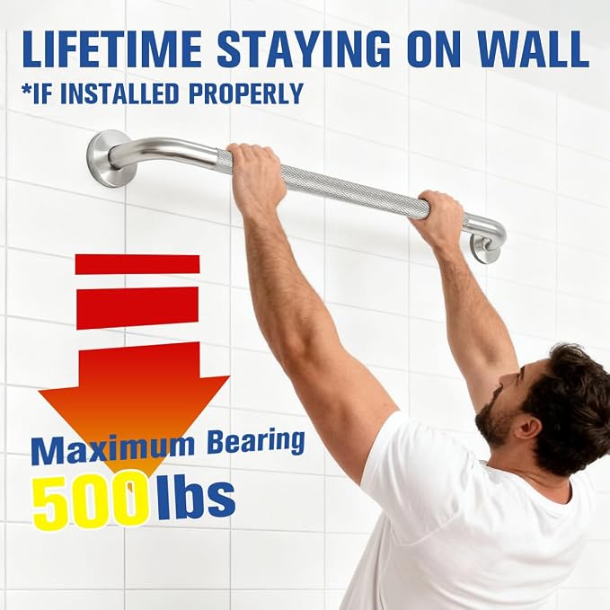 16Inch Shower Grab Bar for Seniors 2 Pack,1.25'' Diameter 304 Stainless Steel Heavy Duty Anti-Slip Bathroom Safety Handicap Grab Bar for Shower, Bathtub & Toilet, Wall Mounted, Supports 500lbs