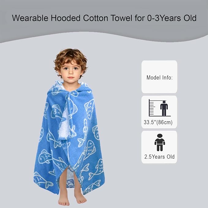 VOOVA & MOVAS Toddler Bath Towel with Hood, (0-3Years,40"X25"),Made from 100% Soft Cotton,Absorbent Hooded Towel Wrap for Baby Boy,Perfect for Pool | Swimming | Bath | Beach,Jacquard Blue Fish