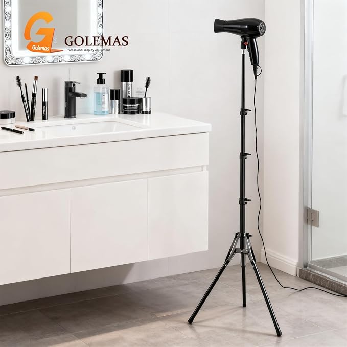 Hair Dryer Stand, Height Adjustable Hands-Free Lazy Blow Dryer Holder with 180 Degrees Rotatable Larger Clamp Non-Slip Tripod, for Bathroom, Vanity, Makeup Room Floor or Countertop Pet Salon
