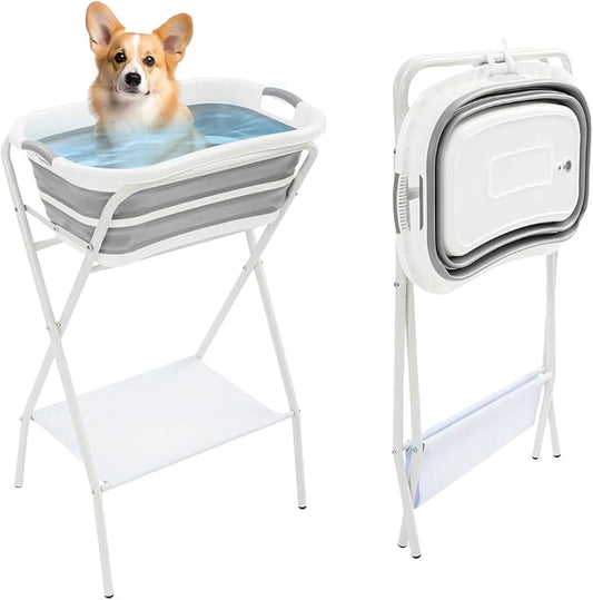 Dog Bathtub Small Dog Washing Station with Stand, Dog Bath Tub with Securely Fastened Safety Belt, Bottom Storage Rack for Store, for Small and Medium Size Dogs, Cats