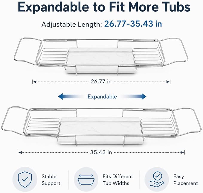 Expandable Bathtub Tray, Stainless Steel Bath Table Tray with Marble Board, Modern Luxury Bathtub Shelf for Bathrooms, Kitchen Sink (Silver+White)