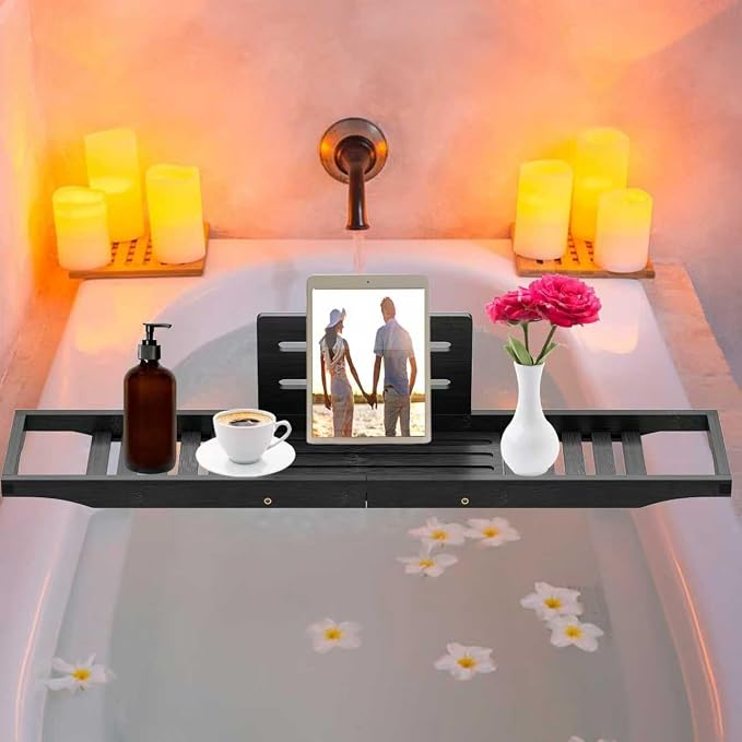 Bathtub Tray Caddy Black - Bath Tray Black - Bath Tub Table Tray Caddy - Bamboo Bath Tray for Tub