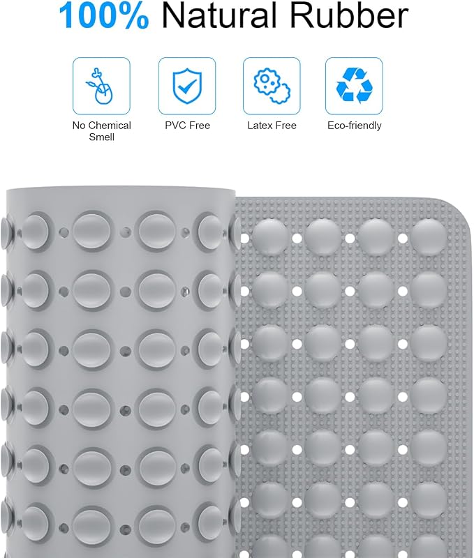 Bath Mat for Tub Shower Mat Non Slip Kids Rubber Shower Tub Mat, 100% Natural Rubber no Plastic Odors Perfect for Baby and Elder, Strong Suction Cups, Textured Mat Surface, 28 X 16 inches, Grey