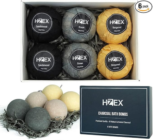 HZEX Charcoal Activated Bath Bombs for Men – Detox with Handmade Organic 6 Pack Bath Bomb Set, up to 3 Scents (Sandalwood, Bergamot, Ocean), Individually Wrapped (Mixed)