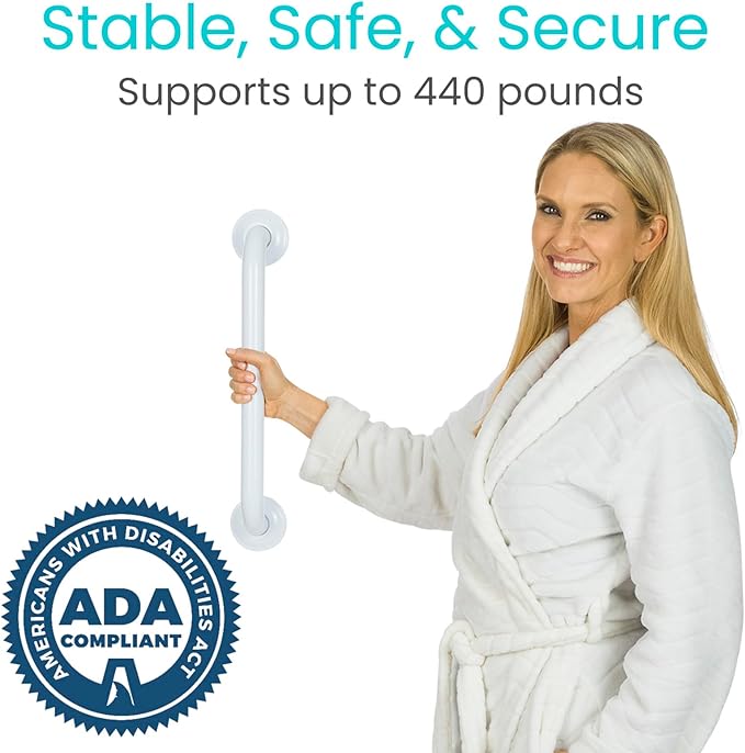 Vive Grab Bar for Showers - Bathroom Antislip Handrail for Seniors, Elderly Assistance Product, Heavy Duty Shower Handles, Handicap Grab Bars, Stainless Steel, Multipurpose, 440 lbs (White)