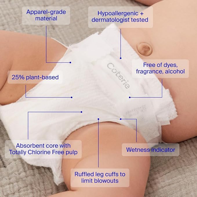 Coterie Skincare Essentials Set | Newborn Diapers (93 Count) + 16.2 oz Shampoo & Body Wash, 16.2 oz. Face & Body Lotion, 4.7 oz Diaper & Dry Skin Balm | Hypoallergenic, Safe for Sensitive Skin