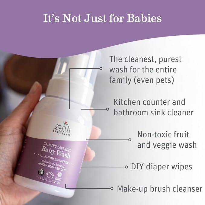 Earth Mama Calming Lavender Baby Wash Liquid Foaming Hand Soap, All-Purpose Lavender Body Wash for Sensitive Skin, Castile Soap with Coconut Oil, Shea Butter, Calendula, & Aloe, 6.27 Fl Oz