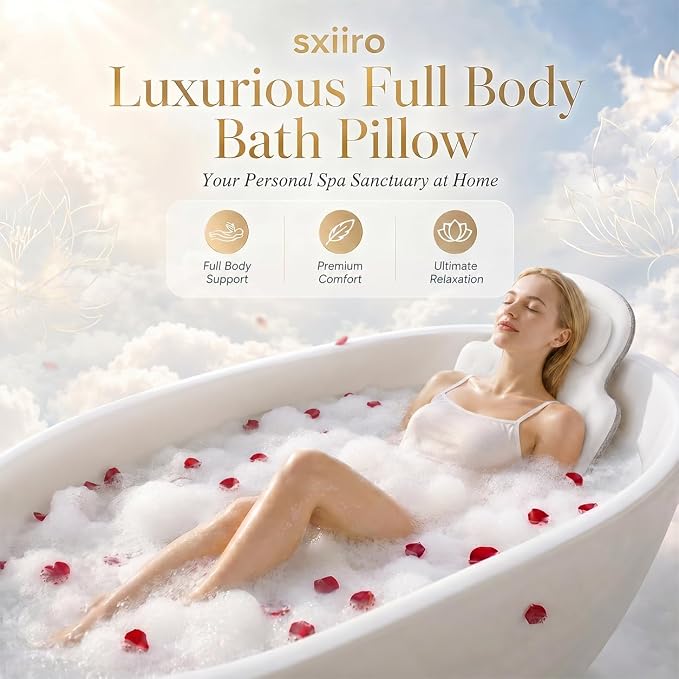 Full Body Bath Pillow, Luxury Bath Cushion with 192 Suction Cups, Bath Pillows for Tub for Head and Neck Support, with Laundry Bag White, 51" x 16"