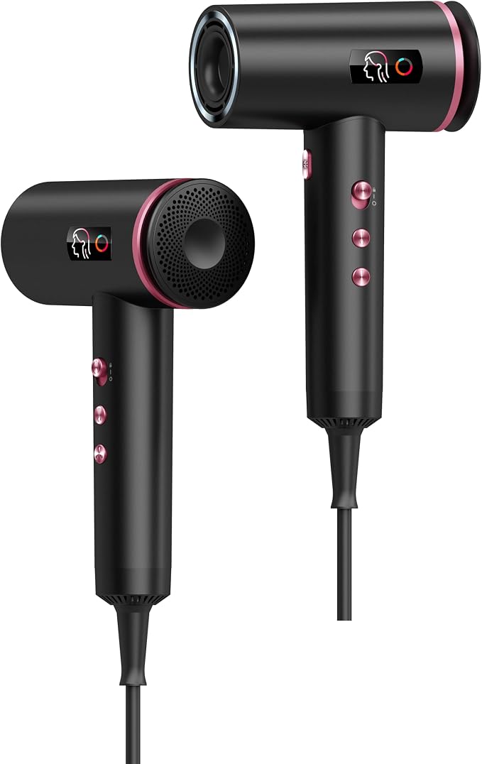 Hair Dryer, 1800W Ionic Hair Dryer with Smart Mode (Baby/Men/Women), High Speed Brushless Motor for Fast Drying (2-5 Mins), Blow Dryer with Diffuser, Lightweight for Home & Travel（Red Pink）
